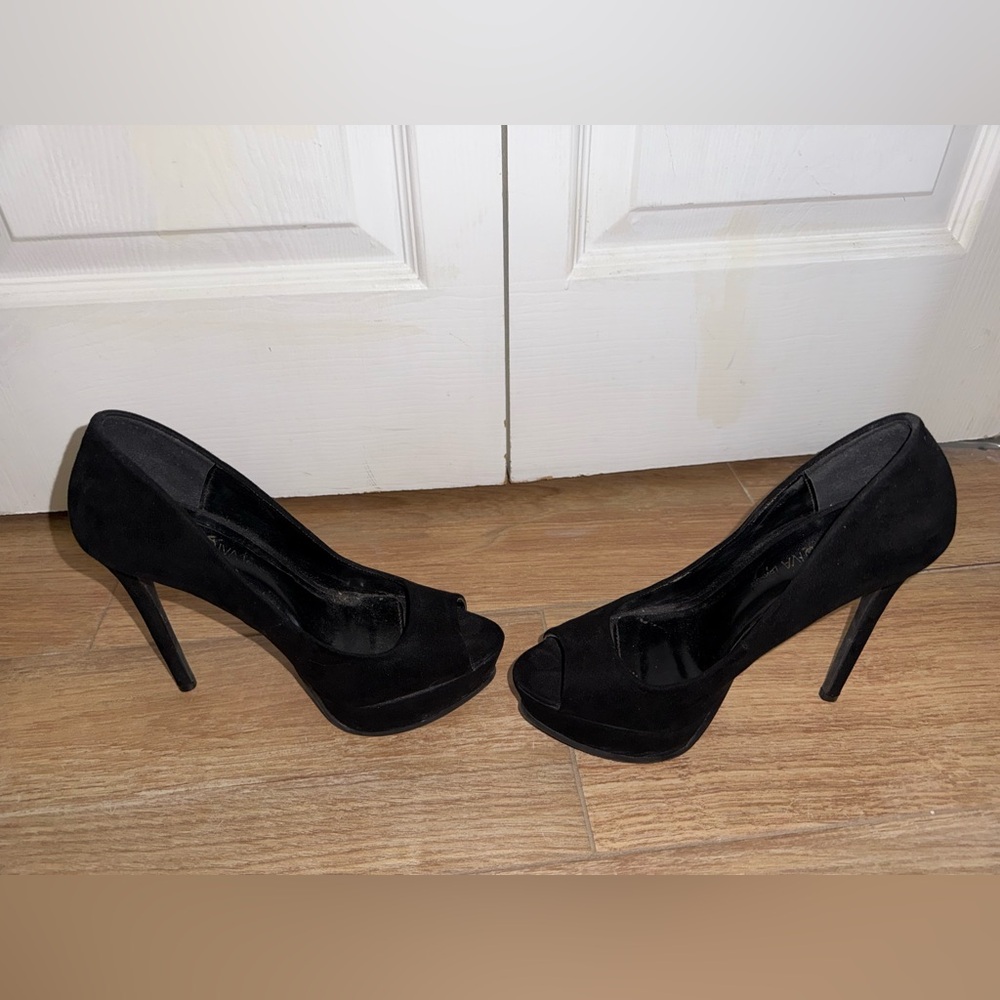 Stiletto platform Peep-Toe Heels black suede like material - Picture 6 of 7